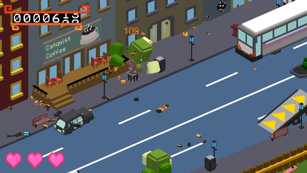 A car drives through a city and fires its weapon on a tree that falls into pieces.