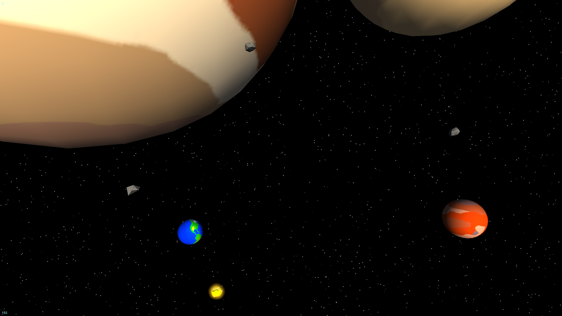 Earth, asteroids and a comet is shown. Jupiter and Mars are in the background.