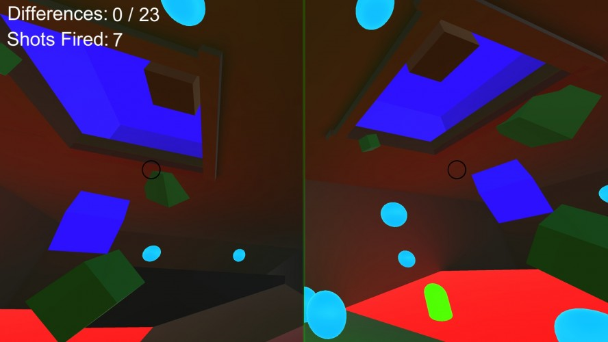 Screen is split vertically in the middle into two screens. The left screen represent the left eye and the right screen the right eye.